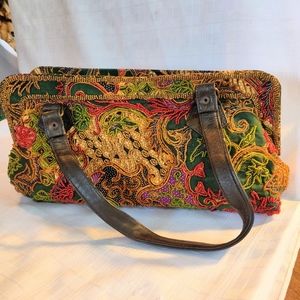 Beaded purse on fabric from Bali, with leather